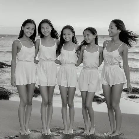 a nostalgic scene featuring (three girls) paddling in shallow ocean water. a girl of about twelve years old, stands in the middl...