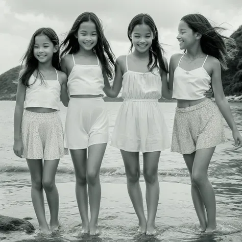 a nostalgic scene featuring (three girls) paddling in shallow ocean water. a girl of about twelve years old, stands in the middl...