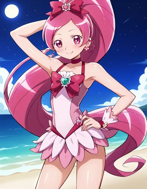 cureblossom, shiny skin, high quality, solo, 1girl, night sky, beach, arm behind head, hand on hip, sexy, (contrapposto), closed mouth, spread armpits, cowboy shot, looking at viewer, smile, best quality, blushing,