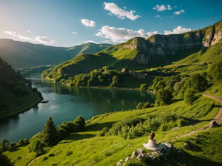 A picturesque medieval castle nestled atop a lush green hill, its stone walls weathered yet regal, overlooking a serene river snaking through the valley below. The scene evokes a sense of timeless grandeur and tranquility. This stunning photograph captures...