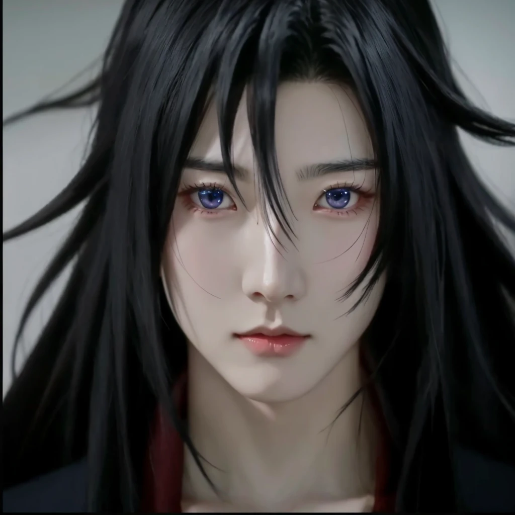 anime boy with black hair and blue eyes in a suit, Wei wuxian, grand master of deminic cultuvation, anime guy with red eyes, anime handsome man, realistic, ultra details