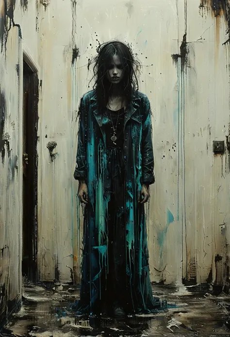 ghostly figure drifting through abandoned halls, led lighting, gorgeous splash of vibrant paint