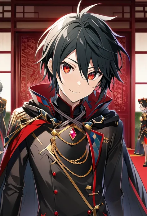 Hyakuya Yuuichiro (AKB0048 Next Stage), (short hair), (black hair), (bejeweled eyes), (red eyes):1.2, black costume, soft expression, smiling gently, cape, ((ultra-detailed)), ((illustration)), (neat hair)), (beautiful detailed eyes), male, 1boy, ((imperia...