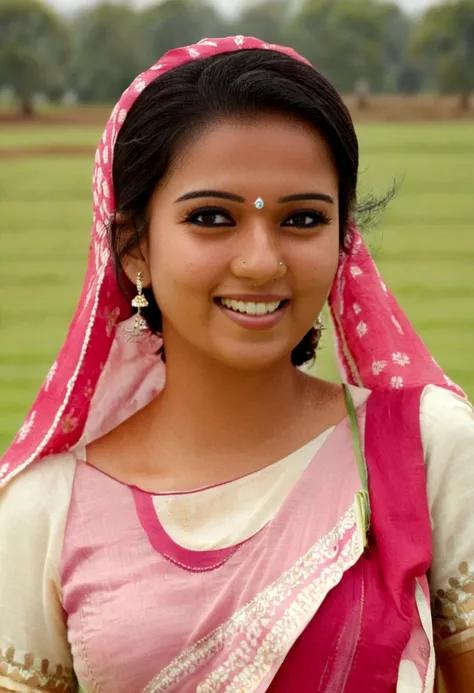 smiling woman in a pink and white sari standing in a field, dressed in a sari, wearing a sari, closeup portrait shot, wearing bihu dress mekhela sador, photo taken with canon 5d, shot with premium dslr camera, mid-shot portrait of a beautiful, mid shot por...