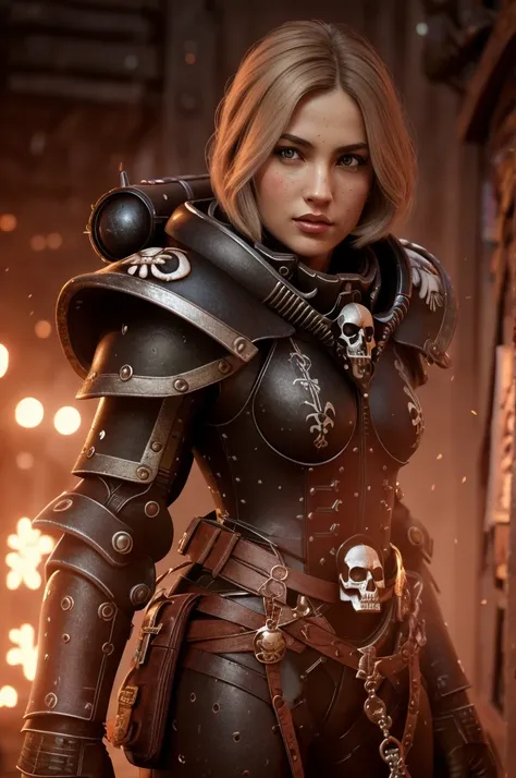 a highly detailed and realistic portrait of a beautiful blonde woman wearing power armor with a skull emblem, looking directly a...