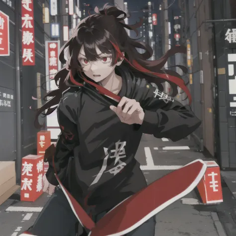 tokyo revengers screenshot. 16 year old girl, long straight black hair with red and white highlights and bangs. she has red eyes...