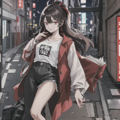 tokyo revengers screenshot. 16 year old girl, long straight black hair with red and white highlights and bangs. she has red eyes...