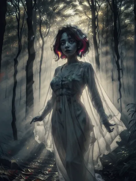 portrait, zombie (bride:1.2) in a creepy forest, floating, wedding dress, solo (ghost:0.8), shadows, dreary, (colorful ink paint...