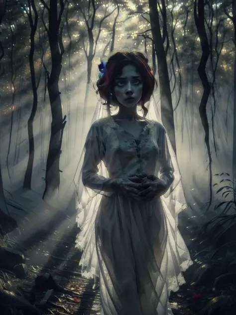 portrait, zombie (bride:1.2) in a creepy forest, floating, wedding dress, solo (ghost:0.8), shadows, dreary, (colorful ink paint...