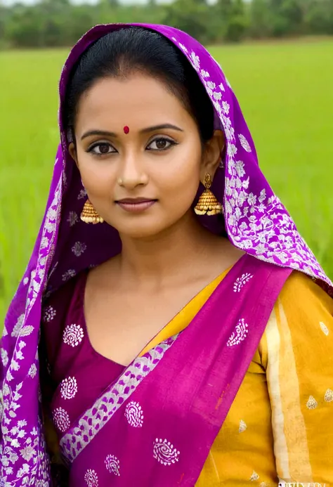 there is a woman standing in a field with a blanket, dressed in a sari, wearing a sari, mid shot portrait, closeup portrait shot...