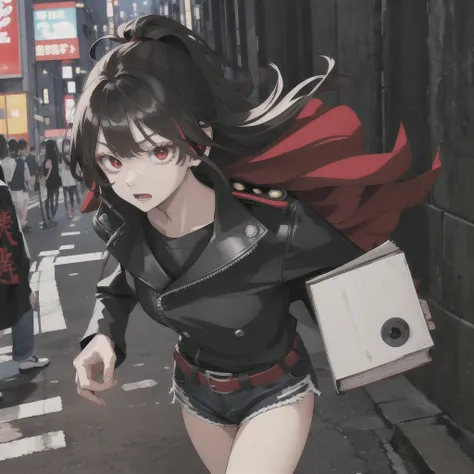 tokyo revengers screenshot. 16 year old girl, long straight black hair with red and white highlights and bangs. she has red eyes...