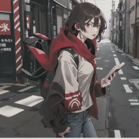 tokyo revengers screenshot. 16 year old girl, long straight black hair with red and white highlights and bangs. she has red eyes...