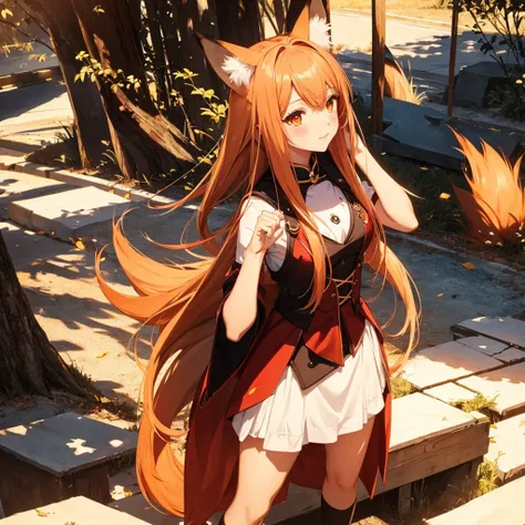 fox girl, fox&#39;tail，a girl、 open chest kimono,long hair、gentle、((maid、lovely))、external、grassland