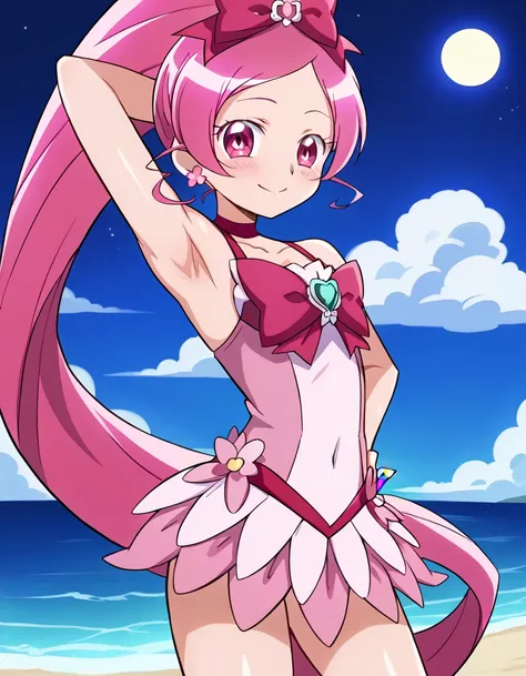 cureblossom, shiny skin, high quality, solo, 1girl, night sky, beach, arm behind head, hand on hip, sexy, (contrapposto), closed mouth, spread armpits, cowboy shot, looking at viewer, smile, best quality, blushing,