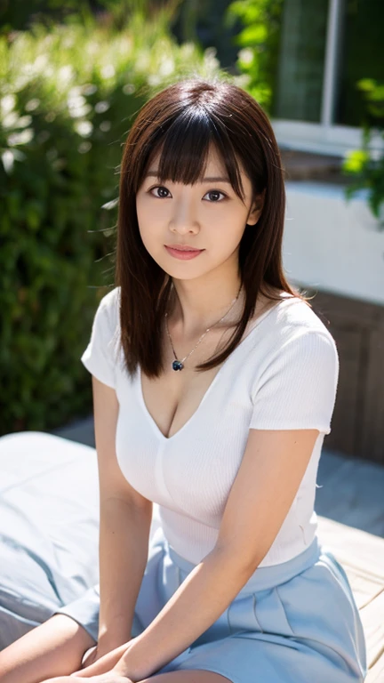 Feeling sluggish,(((8k、High resolution、highest quality、High resolution)))alone、Natural body shape、White skin、Natural Makeup、Black Hair、bangs、 Long Hair、(Big Breasts),Looking at the camera、Bedroom、(Business look), ((teacher)), White ribbed short sleeve V-ne...