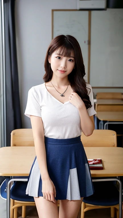 Feeling sluggish,(((8k、High resolution、highest quality、High resolution)))alone、Natural body shape、White skin、Natural Makeup、Black Hair、bangs、 Long Hair、(Big Breasts),Looking at the camera、Bedroom、(Business look), ((teacher)), White ribbed short sleeve V-ne...