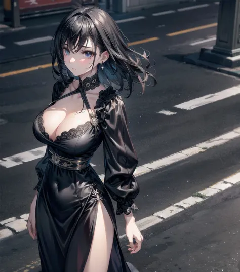 full body, photorealistic, solo, alone, delicate facial features, medium tits, medium hair, black hair, tearful mole, earring, dress, cleavage, street,