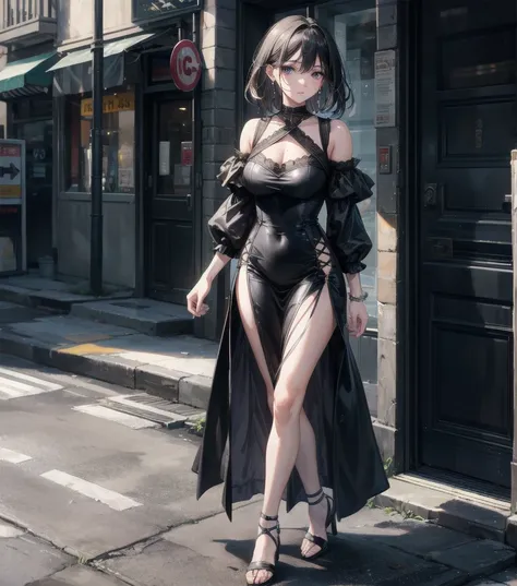 full body, photorealistic, solo, alone, delicate facial features, medium tits, medium hair, black hair, tearful mole, earring, dress, cleavage, street,