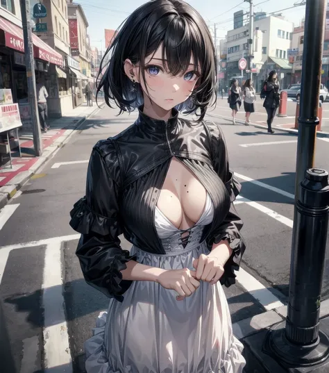 full body, photorealistic, solo, alone, delicate facial features, medium tits, medium hair, black hair, tearful mole, earring, dress, cleavage, street,