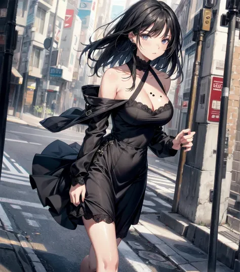 full body, photorealistic, solo, alone, delicate facial features, medium tits, medium hair, black hair, tearful mole, earring, dress, cleavage, street,