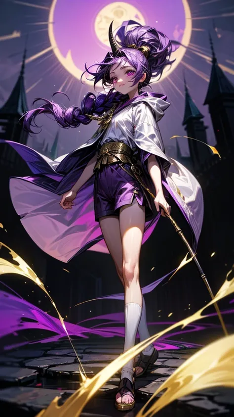 cheerful boy with open forehead. dark purple hair braided in a ponytail on the left side to one side. sinuous black horns wrapped in dark purple ribbon. pale violet eyes. in short dark purple shorts. long white T-shirt. dark purple knee-high socks. a white...