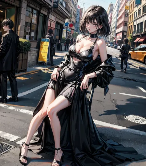 full body, photorealistic, solo, alone, delicate facial features, medium tits, medium hair, black hair, tearful mole, earring, dress, cleavage, street,