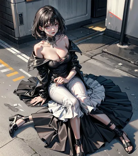 full body, photorealistic, solo, alone, delicate facial features, medium tits, medium hair, black hair, tearful mole, earring, dress, cleavage, street,