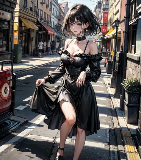 full body, photorealistic, solo, alone, delicate facial features, medium tits, medium hair, black hair, tearful mole, earring, dress, cleavage, street,