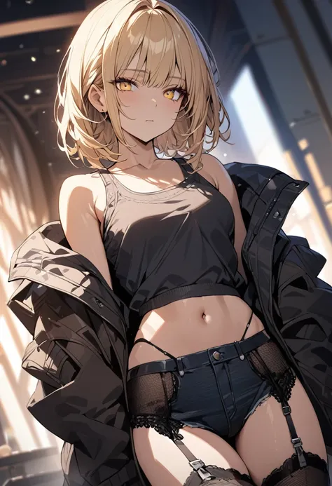 a handsome girl, solo, blond hair, yellow eyes, bright eyes, bangs,
”hood jacket”, tank top, navel, 
off shoulder, bare shoulders, open jacket, black denim pants, garter belt,
expressionless,
blurry background, perfect lighting, perfect angle, masterpiece,...