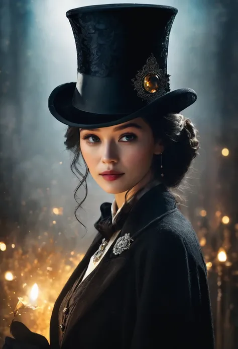 Beautiful woman in a top hat、Crow、Gemstone Collector、Storage、Sharp round eyes、Eye focus、Supernatural、Another world、Ultra Detail、Brilliant、Magic Lighting、trajectory、 Light dust、beautiful、Cinematic lighting、 Bokeh effect