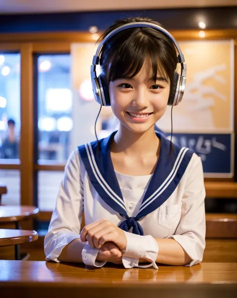 Ultra HD、128ｋ、masterpiece、A beautiful elementary school girl in a sailor suit studying in a coffee shop while listening to music on headphones、clavicle, RAW Photo、pretty girl、Hands on headphones, Warm lighting、Beautiful night view、Japanese anime style、Big ...