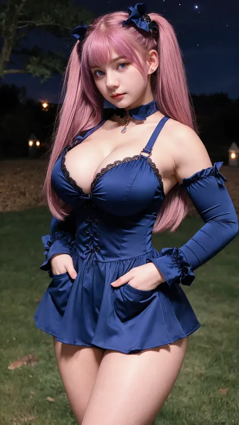 Gorgeus Girl, Beautiful, Baby Face, 20 Years Old, White Skin, Colossal Breasts, Front Facing, Dynamic Pose, Hands in Pocket, Gothic Straps, Deep Blue Gothic Outfit Costumes, Halloween, Blue Eye, Muscles, Bokeh, Grave Place Background, Masterpiece, Fullbody...