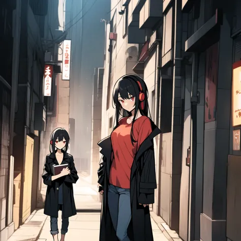 Tokyo Revengers screenshot. 16 year old girl, long straight black hair with red and white highlights and bangs. She has red eyes and has a serious expression, while she held a book in her hand. She is dressed in a black trench coat with urban details, unde...