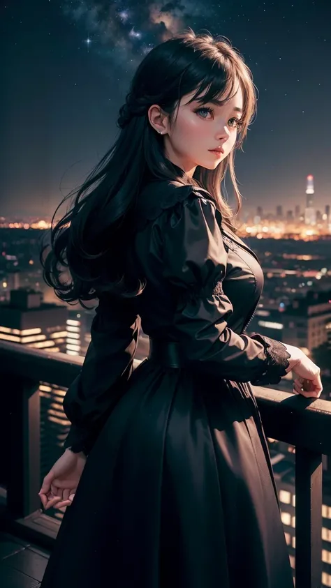  A woman stands against the night sky, Create a beautiful and romantic scene with the cityscape as the backdrop, Night sky and city lights in the background、It adds a mystical atmosphere to the romantic scenery at the top of the building.。, (RAW Photos, Hi...