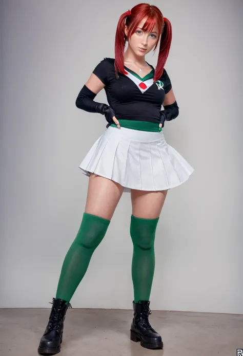 high quality instagram photo, full body of a Scandinavian girl, 20 years old, red hair, sexy, short height, green eyes, freckles, cute face, large breasts, wearing Team Rocket,rocket team uniform,white skirt,red letter R,short top,black thigh high stocking...