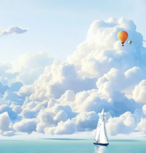 there is a sailboat in the water with a balloon in the sky, amazing wallpaper, clouds. fantasy, inspired by RHADS, high quality desktop wallpaper, 4 k hd illustrative wallpaper, inspired by Vladimir Kush, hd wallpaper, by Alexander Kucharsky, magic realism...