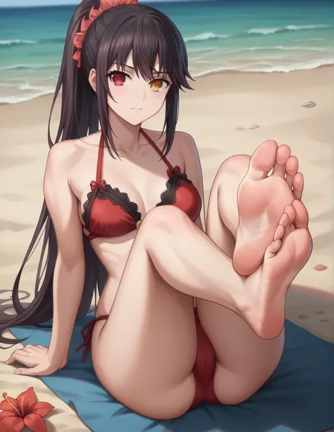 a beautiful girl with long black hair in a ponytail, golden eyes, heterochromia and red eyes, wearing a red bikini, sitting on a beach and lifting the soles of her feet, masterpiece, best quality, 8k, realistic, 1 girl, beach, striding forward, Kurumi Toki...