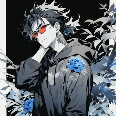 solo, handsome, Monochrome,watercolor,1 male, Ponytail, Braided black hair, red eyes, Gojo Satoru,casual,Blue Rose Tattoo,black Oversized hoodie,casual,Stylish,cool,sunglasses,
blackbackground,icon,Despise face up