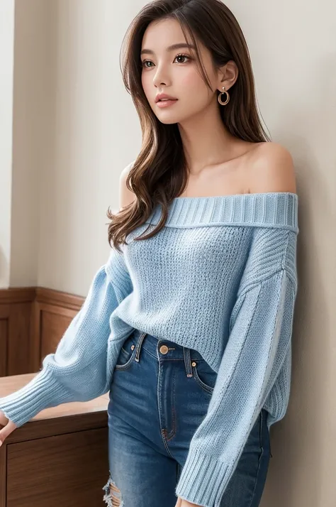 ((Highest quality)), ((masterpiece)), (detailed), One girl, Off-the-shoulder sweater, 