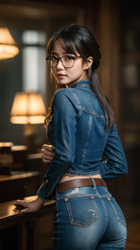 A cute Chinese girl with glasses, wearing tight jeans, butt, highly detailed facial features, intricate clothing textures, cinematic lighting, moody atmosphere, photorealistic, 8k, masterpiece