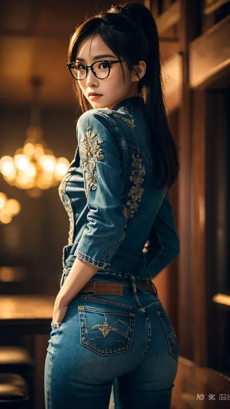 A cute Chinese girl with glasses, wearing tight jeans, butt, highly detailed facial features, intricate clothing textures, cinematic lighting, moody atmosphere, photorealistic, 8k, masterpiece