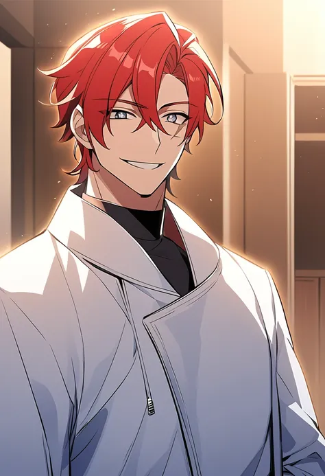 (fantasy_style:1.25), man, red hair, smiling, white coat, scar on eye, middle part, tall, apartment