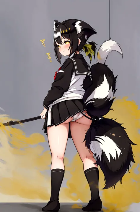 Girl, (((Skunk Girl))), Mischievous grin, despise, (((Skunk Tail))), one tail, (((big tail))), massive ass, leaning, black socks, (Long socks), skirt, upskirt, (short skirted school uniform), standing, velocity, Panties(white panties), Turn around and look...