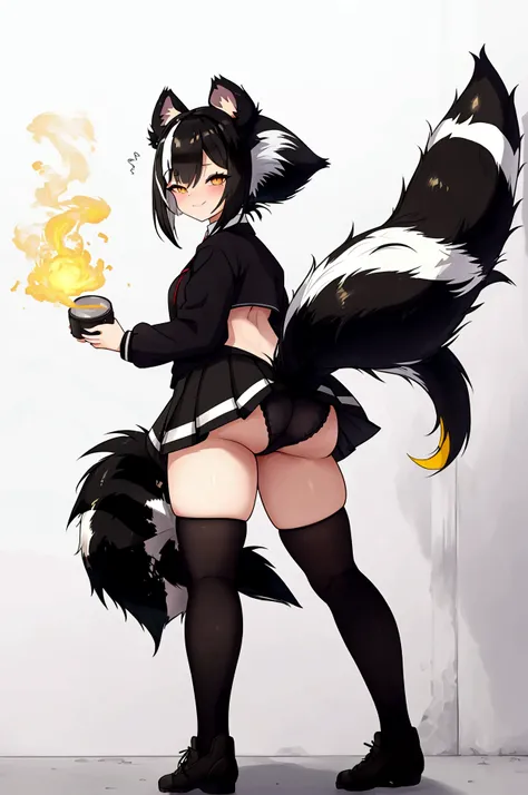 Girl, (((Skunk Girl))), Mischievous grin, despise, (((Skunk Tail))), one tail, (((big tail))), massive ass, leaning, black socks, (Long socks), skirt, upskirt, (short skirted school uniform), standing, velocity, Panties(white panties), Turn around and look...