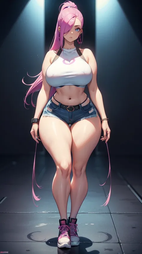 (blank background), (((full body framing))), standing, (masterpiece), (best quality), huge girl, (muscular girl:0.8), (thin hair:1.7), (long blue jeans), massive breast, hair over one eye:1.4, sport bra, (fuchsia hair), belt under navel, sneakers, ((long l...