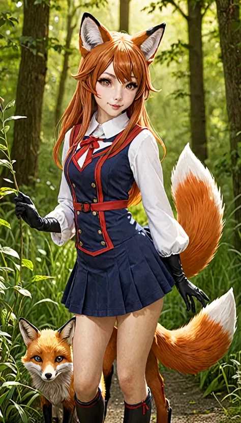 fox Girl, fox&#39;Tail，A girl、 Open chest kimono,Long hair、Gentle、((Maid costume))、external、grassland