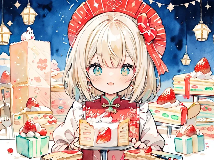 (PastelColors:1.5)、(Cute illustration:1.5)、(watercolor paiting:1.2)、1 Youth Full Body Subian、facing front、Cake-themed witches、Holding a fork、Fantasia、Strawberry hat、Chinese、light beige hair、short-hair、a magical world、Cake clothes、some shortcake、Happiness、k...