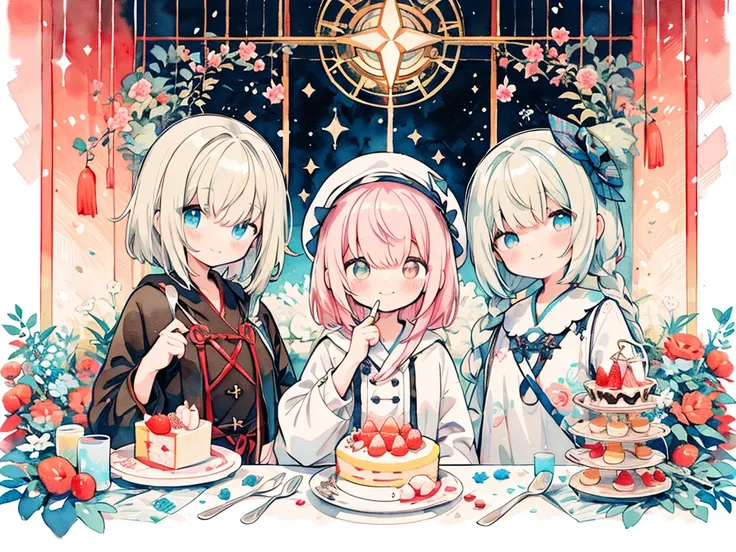 (PastelColors:1.5)、(Cute illustration:1.5)、(watercolor paiting:1.2)、1 Youth Full Body Subian、facing front、Cake-themed witches、Holding a fork、Fantasia、Strawberry hat、Chinese、light beige hair、short-hair、a magical world、Cake clothes、some shortcake、Happiness、k...