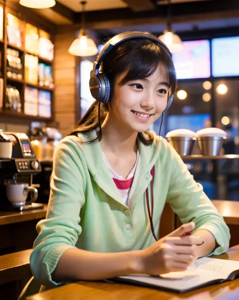 Ultra HD、128ｋ、masterpiece、A cute first grade elementary school girl studying in a coffee shop while listening to music with headphones、clavicle, RAW Photo、pretty girl、Hands on headphones, Warm lighting、Beautiful night view、Japanese anime style、Looking at t...