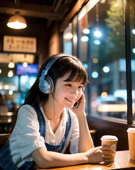 Ultra HD、128ｋ、masterpiece、A cute first grade elementary school girl studying in a coffee shop while listening to music with headphones、clavicle, RAW Photo、pretty girl、Hands on headphones, Warm lighting、Beautiful night view、Japanese anime style、Looking at t...